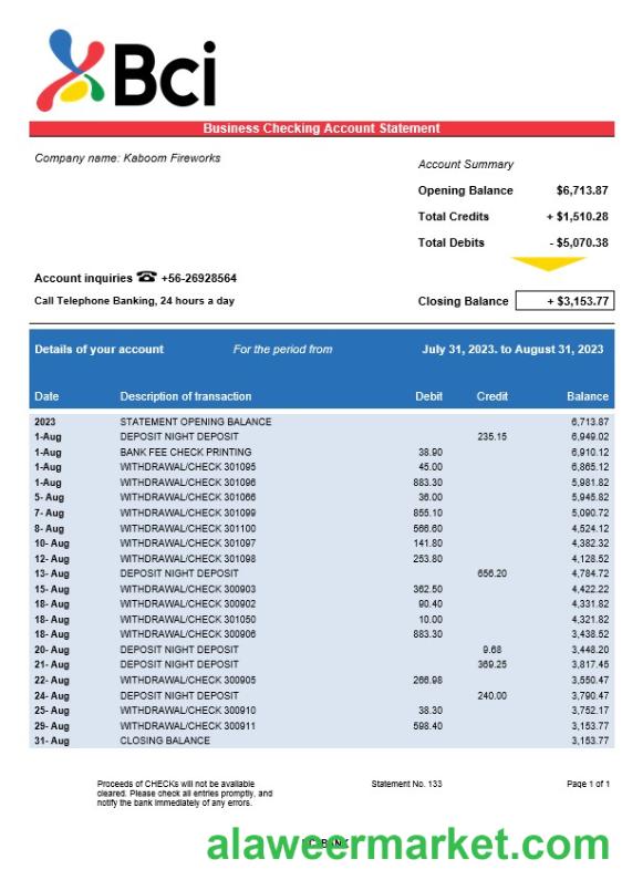 BCI Bank company account statement Word and PDF template